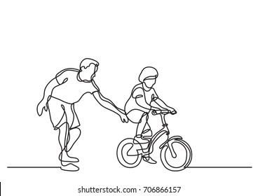 one line drawing father helping child to drive bicycle