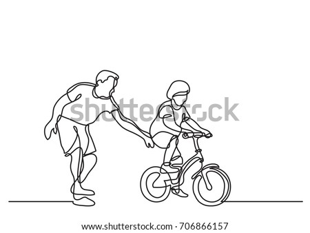 one line drawing of father helping child to drive bicycle
