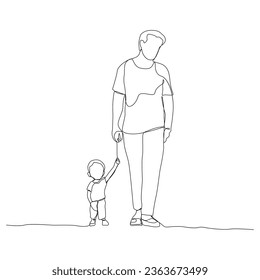 
One line drawing of father and his  children holding hands out line vector illustration