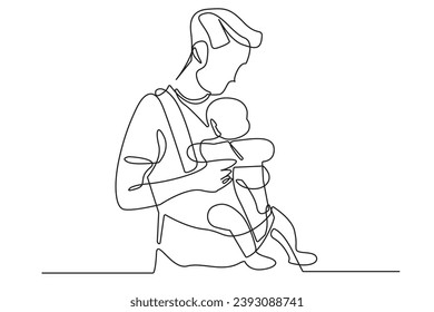 one line drawing of father holding son. continuous line of father carrying child in baby carrier