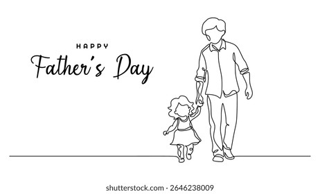 One line drawing of father holding daughter's hand with balloon symbolizing paternal love and celebration, perfect for Father's Day posters, greeting cards, and family event designs