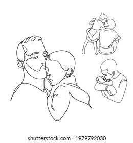 One line drawing. Father holds his happy son in the air. Vector illustration

