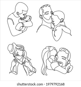 One line drawing. Father holds his happy son in the air. Vector illustration