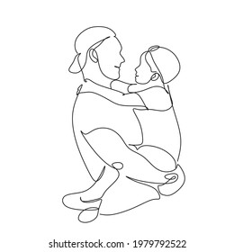 One line drawing. Father holds his happy son . Vector illustration