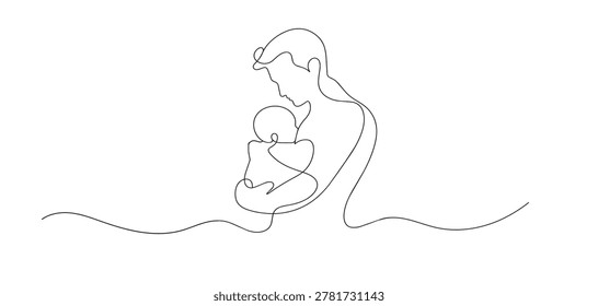 One line drawing of father hugging baby tenderly. Continuous line of emotional family interaction. Fatherhood and love concept. Modern minimalist style. single line art vector illustration.