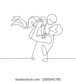 One line drawing of a father lifting and kissing his baby.