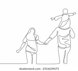 One line drawing of father mother and daughter in flying plane action pose. Parents and father day single line art vector illustration