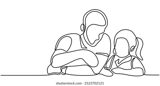 One line drawing of a father playing and learning with his daughter. Minimalist depiction of education and bonding. Vector illustration.