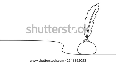 One line drawing of a feather quill and ink bottle, symbolizing classic writing and vintage creativity. Minimalist style with timeless appeal.