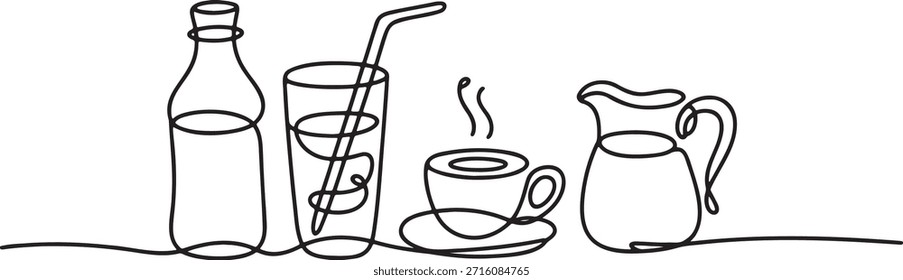 Desenho de uma linha com uma coleção de bebidas, incluindo uma garrafa, um copo com uma palha, uma xícara de café a vapor e um jarro creamer. Arte em linha contínua minimalista ideal para menus de café, promoções de bebidas ou decoração de cozinha. Ilustração simples e elegante de refrescos populares.