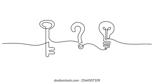 One line drawing featuring a key, a question mark, and a light bulb. Reflecting problem solving, curiosity, and the spark of innovative thinking. Vector illustration minimalist hand drawn.