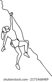 Dibujo de una línea de una escaladora colgando de la cima de una montaña. Un joven escalador sonriente trepa una roca. Turismo de aventura. Ilustración vectorial gráfica del dibujo de línea continua.