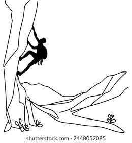 One line drawing of a female climber hanging from the top of a mountain. A young smiling climber climbs a rock. Adventure tourism. Graphic vector illustration of continuous line drawing.