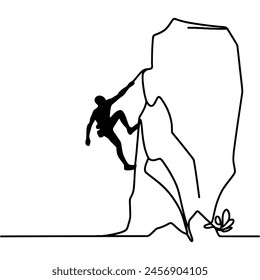 One line drawing of a female climber hanging from the top of a mountain. A young smiling climber climbs a rock. Adventure tourism. Graphic vector illustration of continuous line drawing