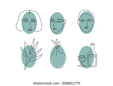 one line drawing. female faces, male faces, leaves, vase, glass and bottle are drawn in modern abstract style