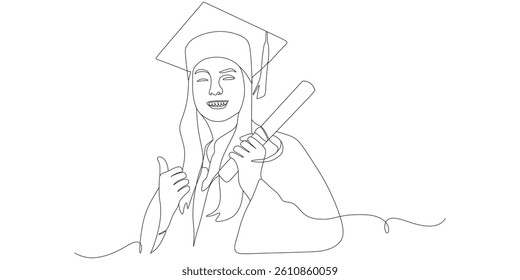 One Line Drawing of Female Graduate Holding Diploma