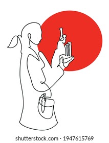 One line drawing of female scientist.
One continuous line drawing of doctor holding test tubes.