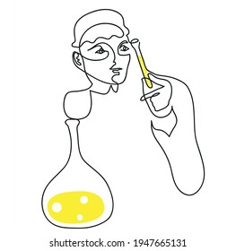 One line drawing of female scientist.
One continuous line drawing of doctor holding test tubes.