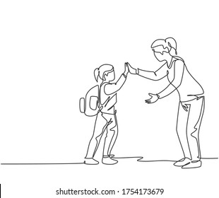 One line drawing female teacher meet one her student at school   giving high five gesture  School education activity concept  Continuous line draw design graphic vector illustration
