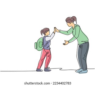 One line drawing of female teacher meet one of her student at school and giving high five gesture. School education activity concept. Continuous line draw design graphic vector illustration