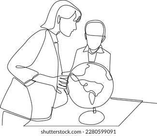 One line drawing female teacher  teach her student about Earth properties  School education activity concept  Continuous line draw design graphic vector illustration 
