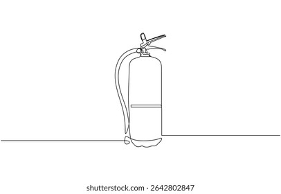 Desenho de uma linha de um tanque de extintor de incêndio, ilustrando o equipamento de segurança, desenho contínuo de uma linha de ícone de extintor de incêndio em silhueta em um fundo branco. Minimalista estilizado linear.