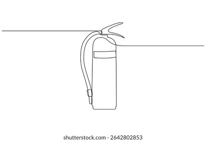 Desenho de uma linha de um tanque de extintor de incêndio, ilustrando o equipamento de segurança, desenho contínuo de uma linha de ícone de extintor de incêndio em silhueta em um fundo branco. Minimalista estilizado linear.