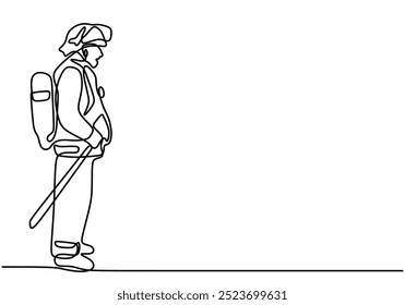 One line drawing of a firefighter with an axe. Representing readiness and strength in firefighting. Vector illustration.