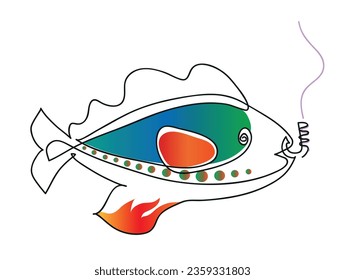 One line drawing of fish with meat
One continuous line drawing of fish attacking to fishing hook.