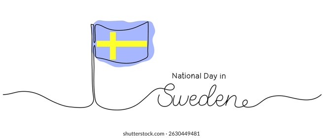 One line drawing of flag. National Day in Sweden words in continuous art style. Minimalist black drawing of phrase on white background. Hand drawn quote editable stroke. Outline handwritten script.