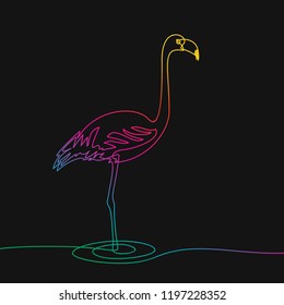 One line drawing of flamingo, Rainbow colors on black background vector minimalistic linear illustration made of continuous line