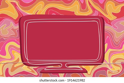 One line drawing of flat screen computer monitor or tv screen on dynamic inkscape pink abstract liquid marble background, Vector abstract template with text box