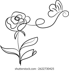 One line drawing of a flower and butterfly.
