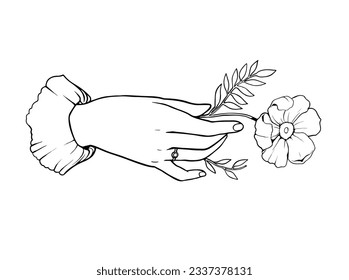 One line drawing of flower in hand. Hand-drawn illustration. Vector.