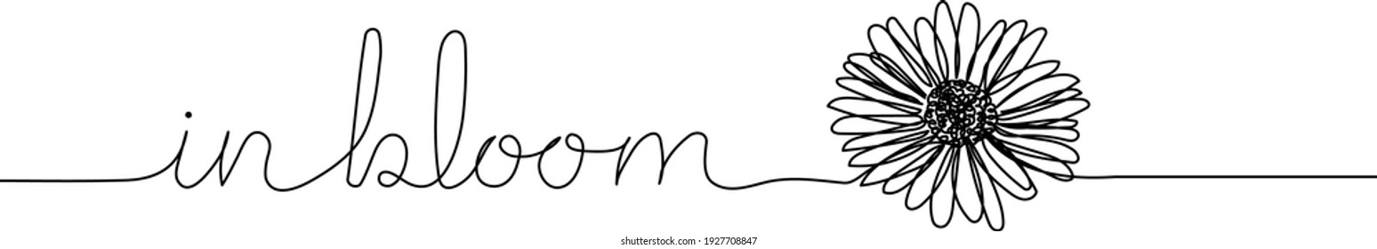 One line drawing of a flower petal and typography quote - In Bloom.