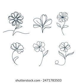 One Line Drawing of Flower Vector, Botanical arts. Hand drawn continuous line drawing of abstract flower, floral, ginkgo, rose, tulip, bouquet of olives. Vector illustration.