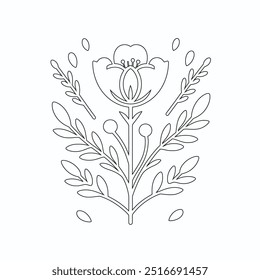 One Line Drawing of Flower Vector, Botanical arts. Hand drawn continuous line drawing of abstract flower, Floral set, illustration, design. Outline drawing. Simple cartoon flat style, linear sketch