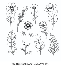 One Line Drawing of Flower Vector, Botanical arts. Hand drawn continuous line drawing of abstract flower, Floral set, illustration, design. Outline drawing. Simple cartoon flat style, linear sketch