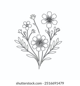 One Line Drawing of Flower Vector, Botanical arts. Hand drawn continuous line drawing of abstract flower, Floral set, illustration, design. Outline drawing. Simple cartoon flat style, linear sketch
