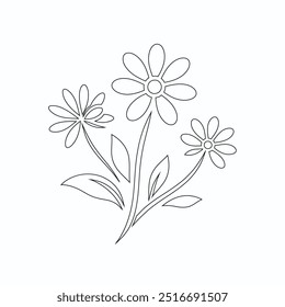 One Line Drawing of Flower Vector, Botanical arts. Hand drawn continuous line drawing of abstract flower, Floral set, illustration, design. Outline drawing. Simple cartoon flat style, linear sketch
