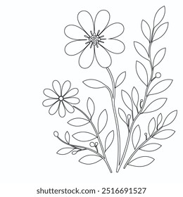 Eine Linie Zeichnung von Blumenvektor, Botanische Kunst. Handgezeichnete durchgehende Linienzeichnung von abstrakter Blume, Blumensatz, Illustration, Design. Gliederungszeichnung. Einfache Cartoon flachen Stil, lineare Skizze