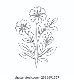 One Line Drawing of Flower Vector, Botanical arts. Hand drawn continuous line drawing of abstract flower, Floral set, illustration, design. Outline drawing. Simple cartoon flat style, linear sketch