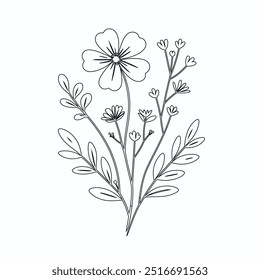 One Line Drawing of Flower Vector, Botanical arts. Hand drawn continuous line drawing of abstract flower, Floral set, illustration, design. Outline drawing. Simple cartoon flat style, linear sketch