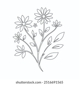 Dibujo de una línea de Vector de flores, artes botánicas. Dibujado a mano línea continua de dibujo de la flor abstracta, conjunto floral, ilustración, diseño. Dibujo de contorno. Estilo plano de dibujos animados simple, boceto lineal