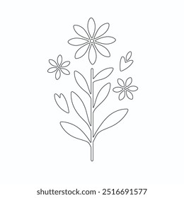 One Line Drawing of Flower Vector, Botanical arts. Hand drawn continuous line drawing of abstract flower, Floral set, illustration, design. Outline drawing. Simple cartoon flat style, linear sketch