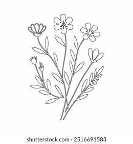 One Line Drawing of Flower Vector, Botanical arts. Hand drawn continuous line drawing of abstract flower, Floral set, illustration, design. Outline drawing. Simple cartoon flat style, linear sketch
