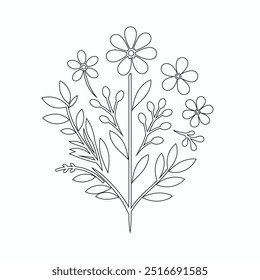 One Line Drawing of Flower Vector, Botanical arts. Hand drawn continuous line drawing of abstract flower, Floral set, illustration, design. Outline drawing. Simple cartoon flat style, linear sketch