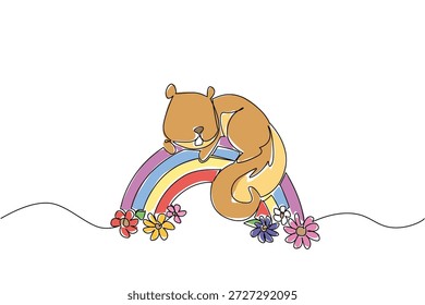 Um desenho de linha de esquilo marrom adorável fofo deitado em um arco-íris cercado por flores florescentes. Conceito de natureza para animal bonito da floresta, encantador para impressão de berçário e Dia de Apreciação de Esquilo