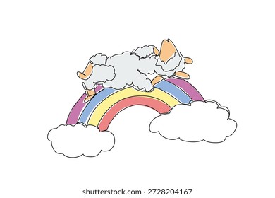 Eine Linienzeichnung von flauschig süßem Alpaka, weiche Wolle erscheint als die Wolken, auf denen sie ruht, ist im tiefen Rückenschlaf. Liegt bequem über dem pulsierenden Regenbogenbogen und sieht aus wie lebendes Marshmallow