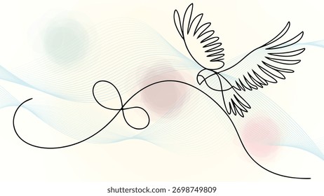 Eine Linie, die einen fliegenden Adler mit abstrakten welligen eleganten kontinuierlichen weichen Spritzer Vogel